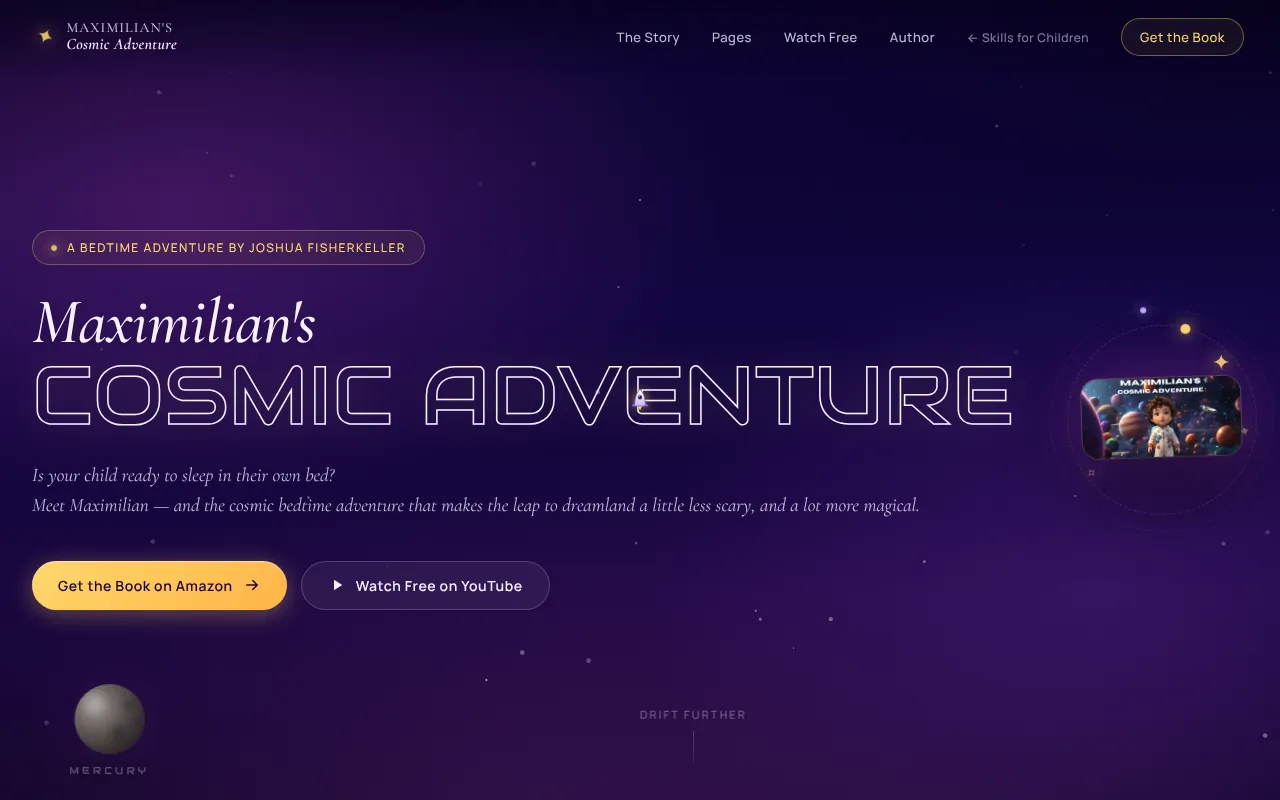 The Maximilian's Cosmic Adventure book website shown in a browser window